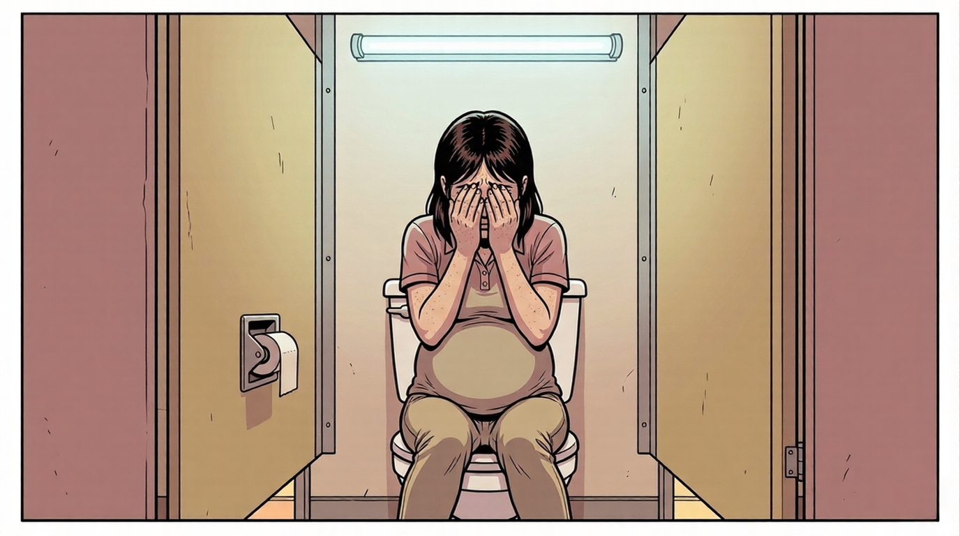 Margo alone in the bathroom stall