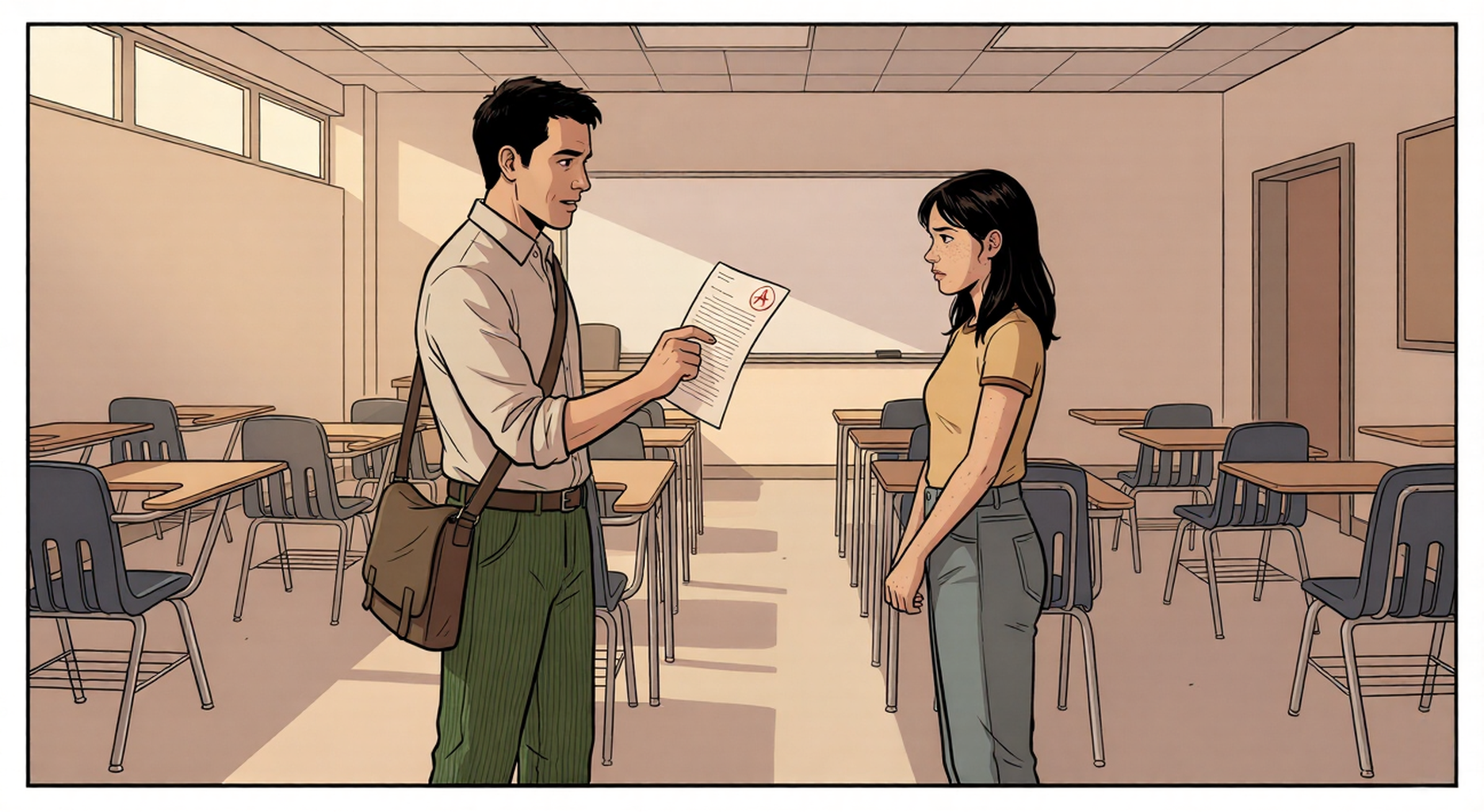 Mark holds up Margo's essay after class