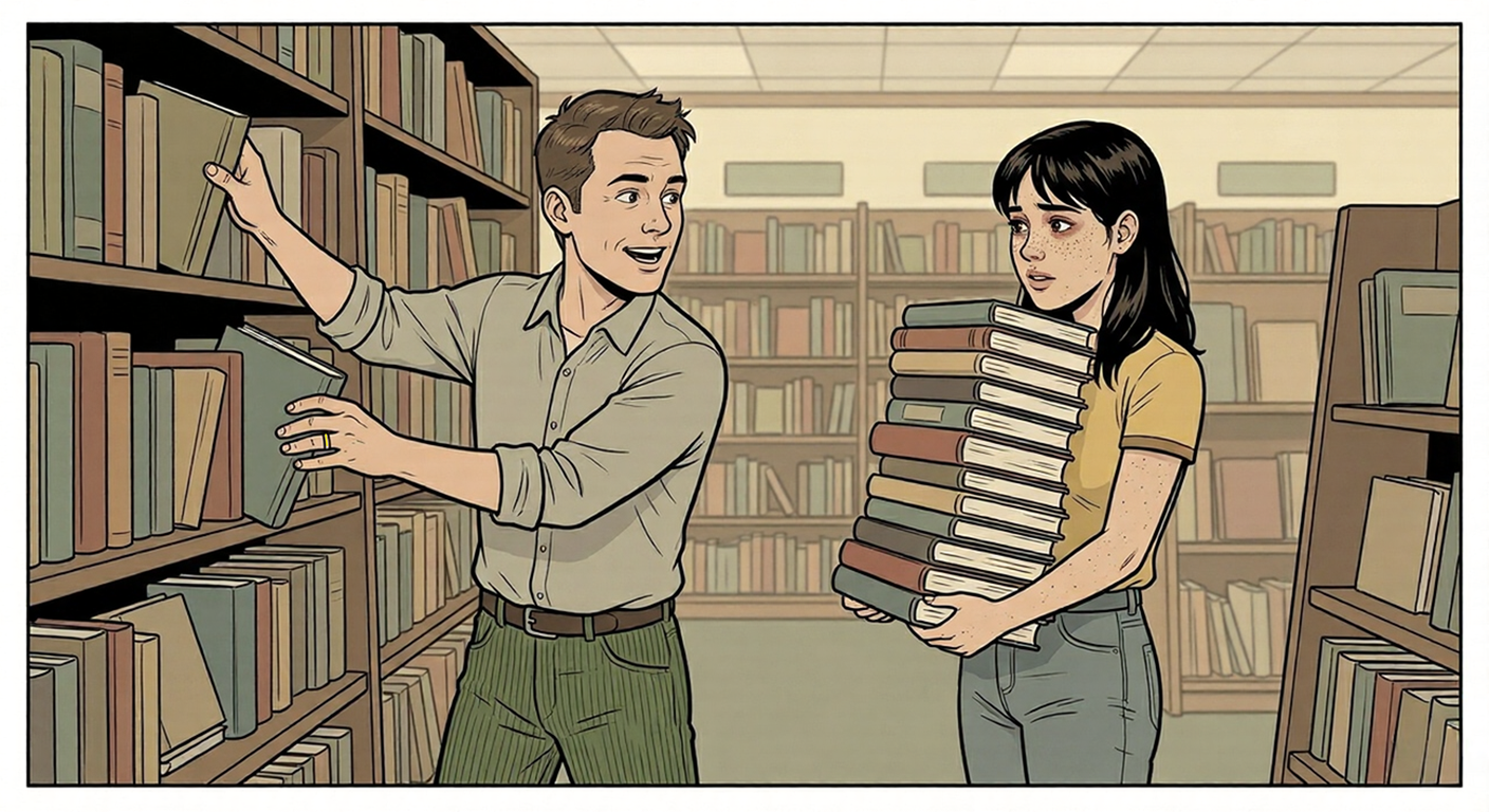 Mark stacking books on Margo at Barnes and Noble