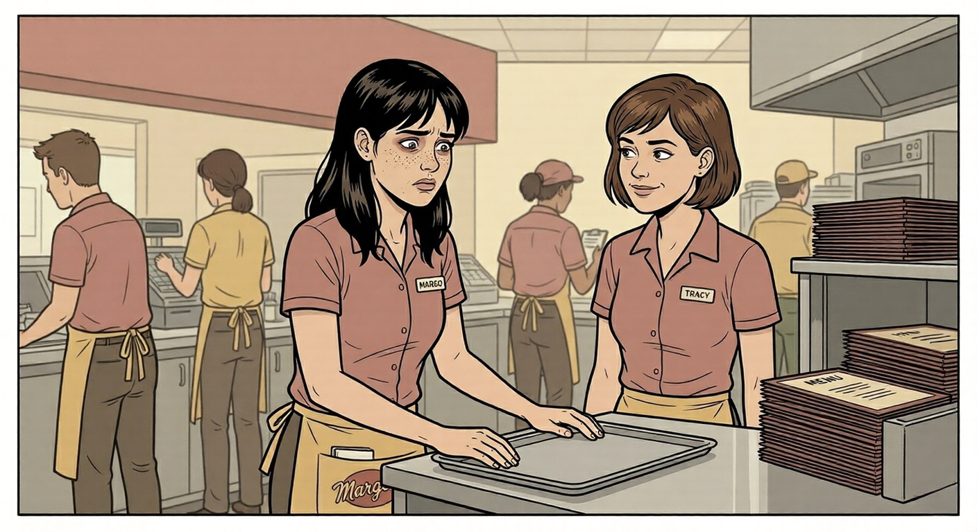 Margo fighting nausea at work, Tracy watching