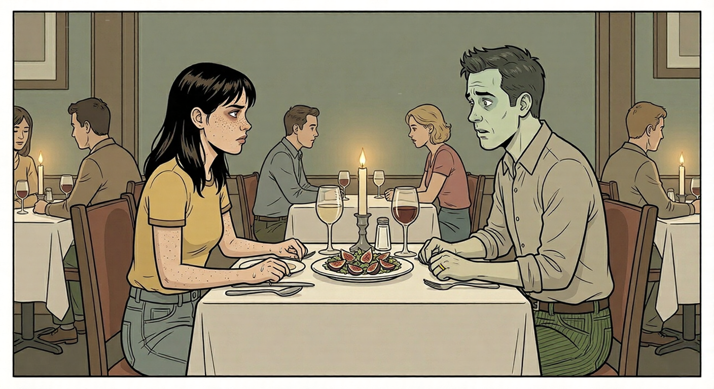 Mark turns green at the restaurant