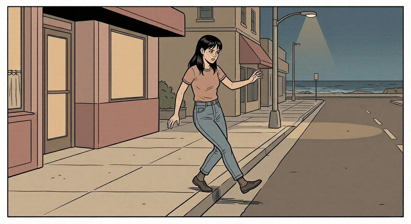 Margo trips on the curb outside the restaurant