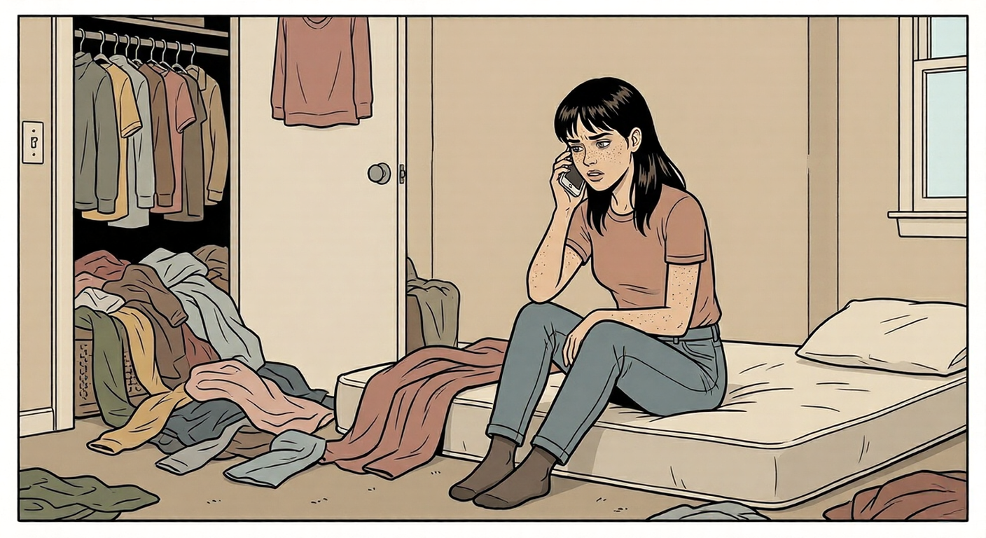 Margo on phone with Becca, laundry everywhere