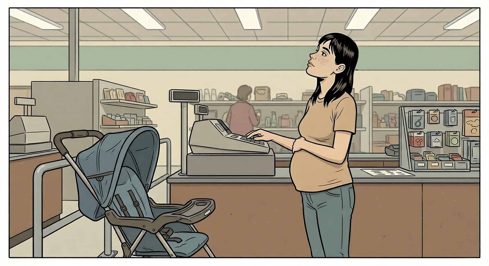 Margo at the Goodwill register, head held high