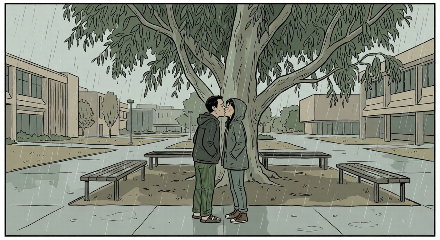 The kiss under the eucalyptus tree in the rain