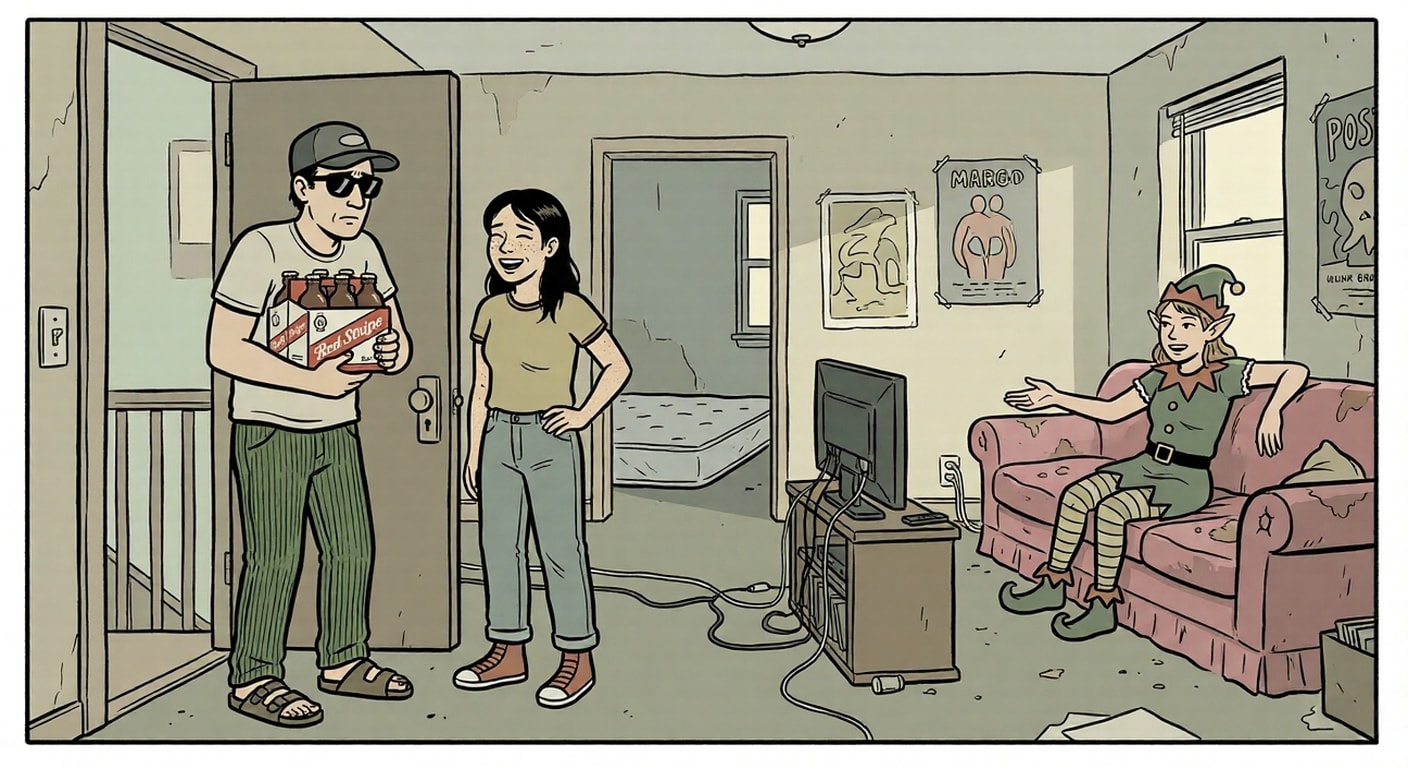 Mark arrives at Margo's apartment — sunglasses indoors, Red Stripe