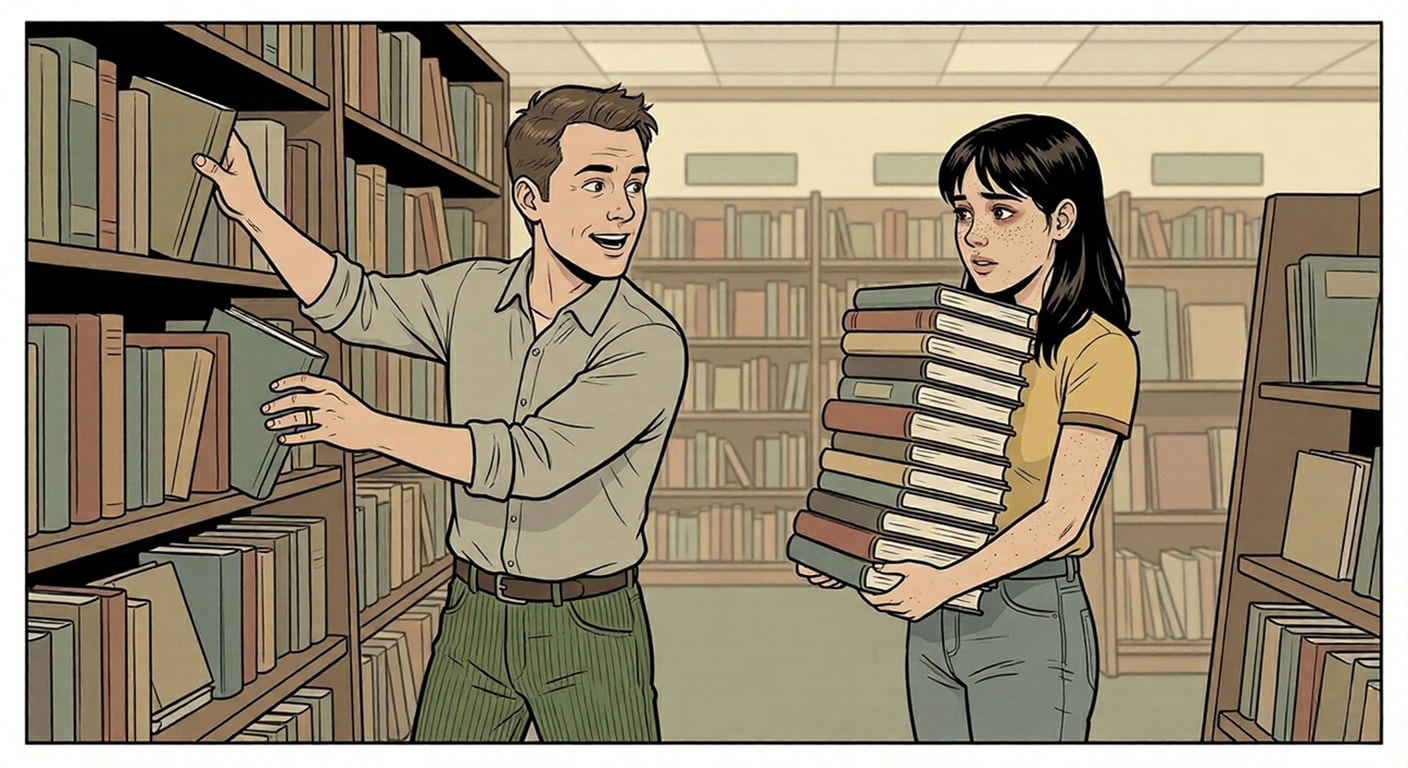 Mark stacking books in Margo's arms at Barnes and Noble