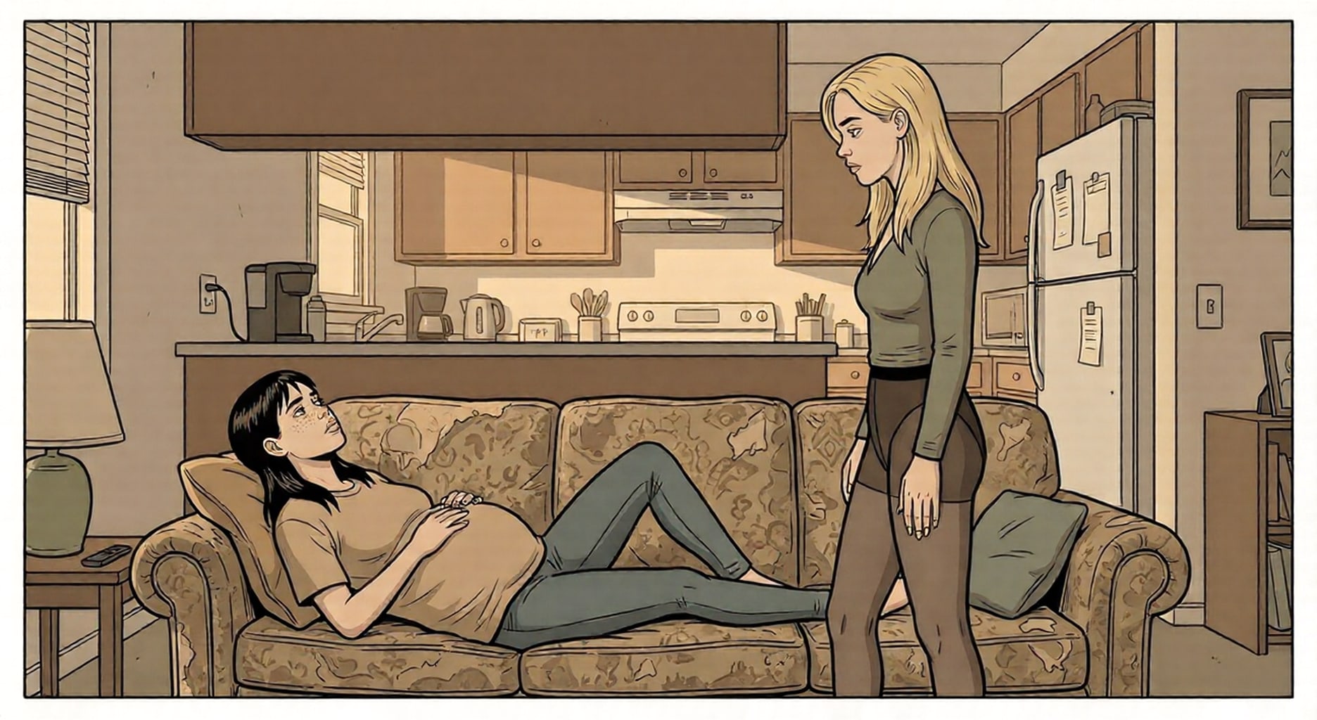 Margo flops on Shyanne's couch — eight weeks pregnant