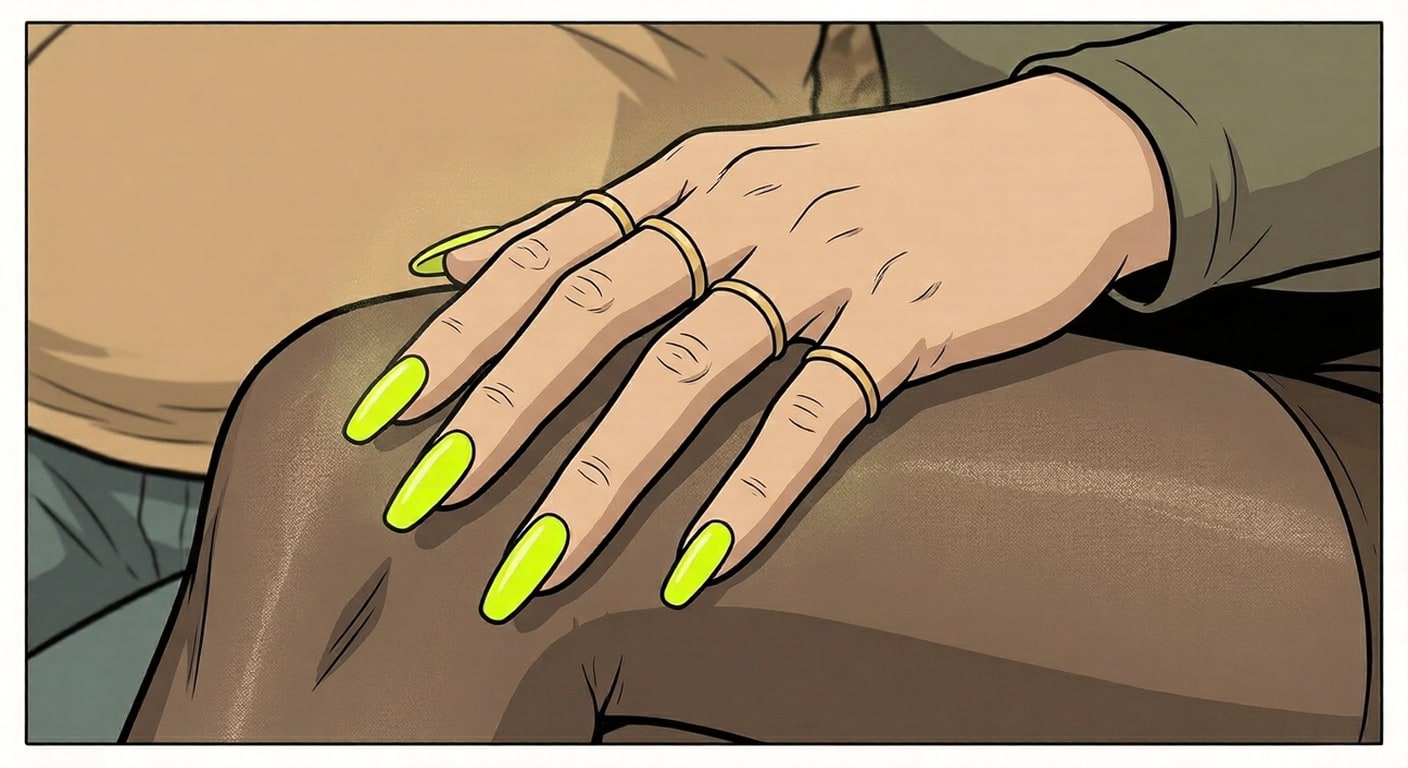Close-up of Shyanne's radioactive yellow nails