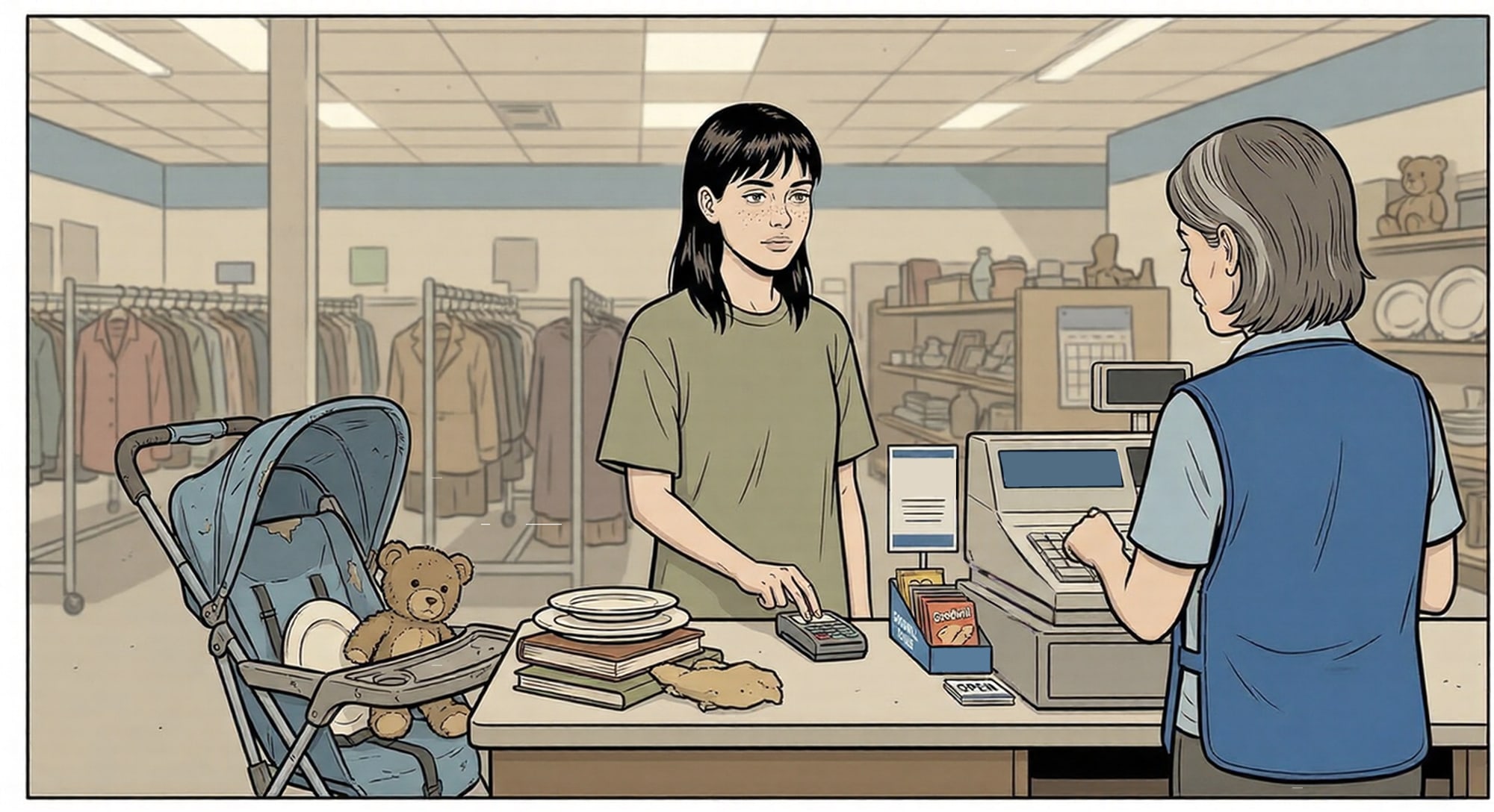 Margo at the Goodwill register — head held high