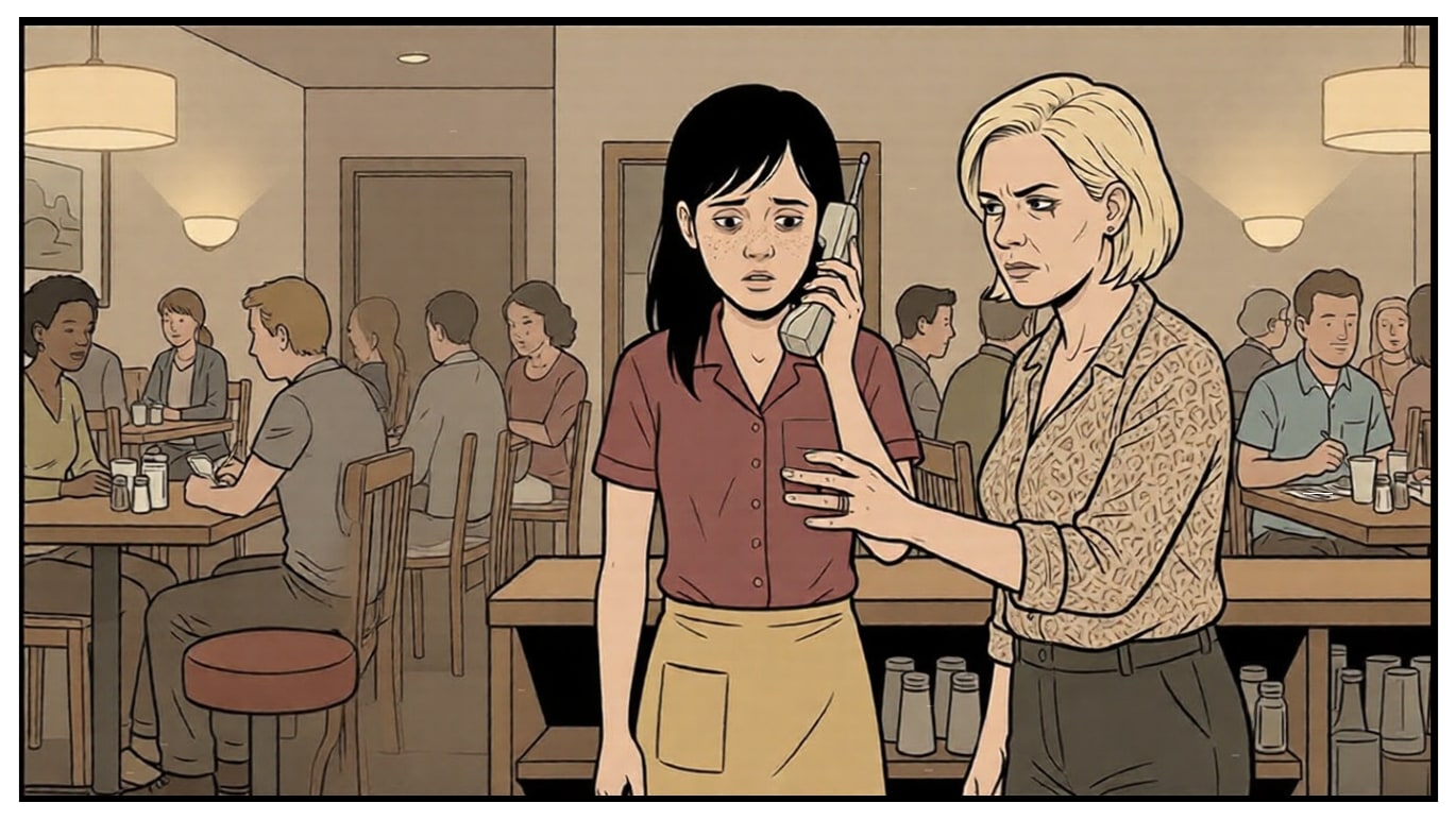 Tessa grabs the phone from Margo at the restaurant