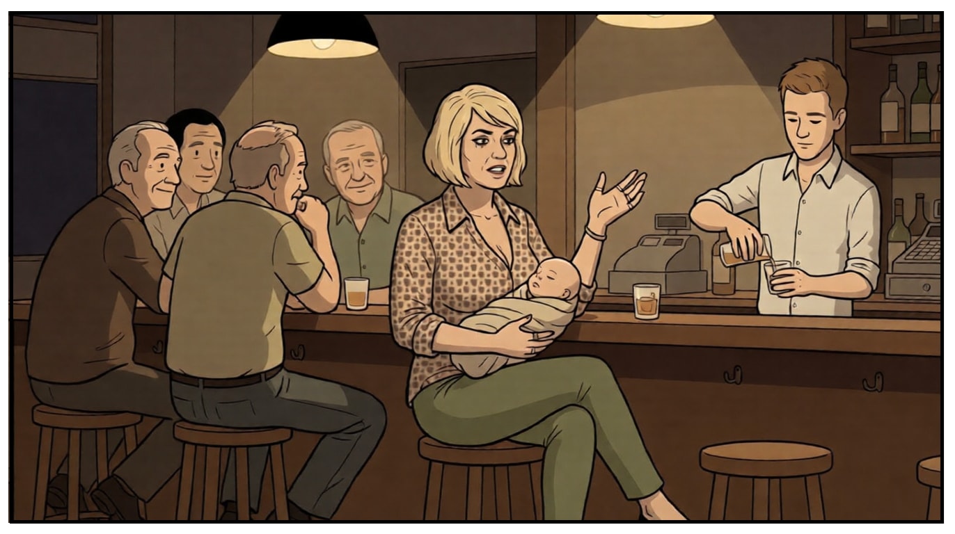 Bodhi asleep on Tessa's bosom, drunk regulars admiring