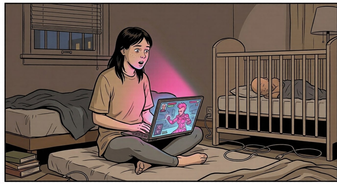 HungryGhost is born — laptop glow, Arabella