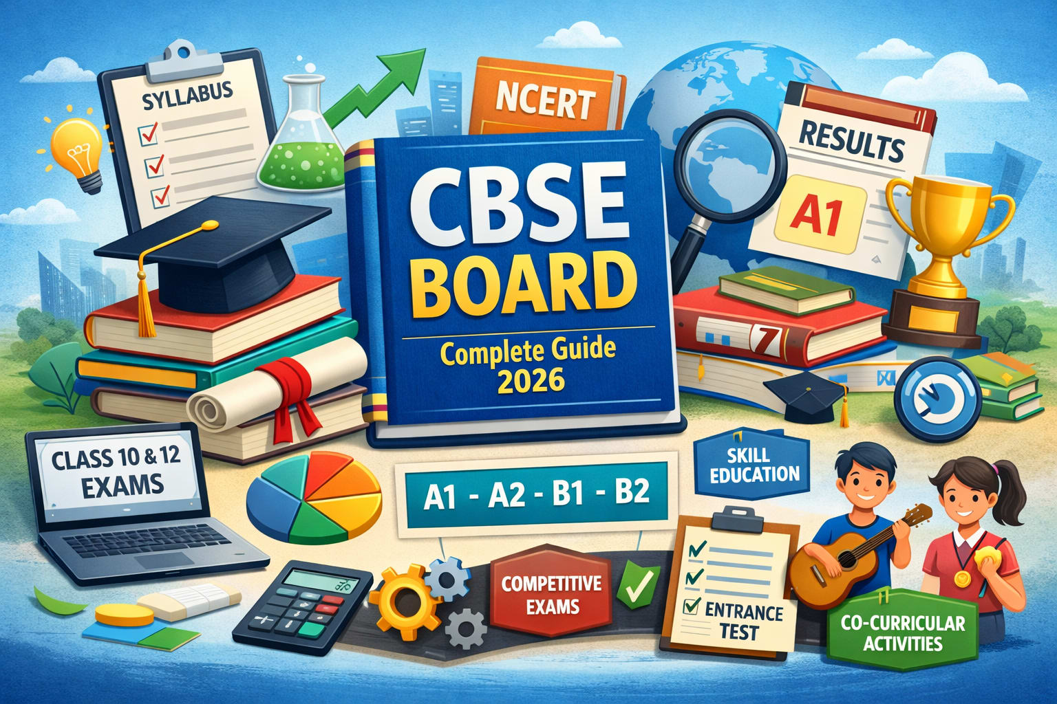 CBSE Board 2026 complete guide illustration showing syllabus, exams, NCERT books, skill education, competitive exams, co-curricular activities, and student learning concepts