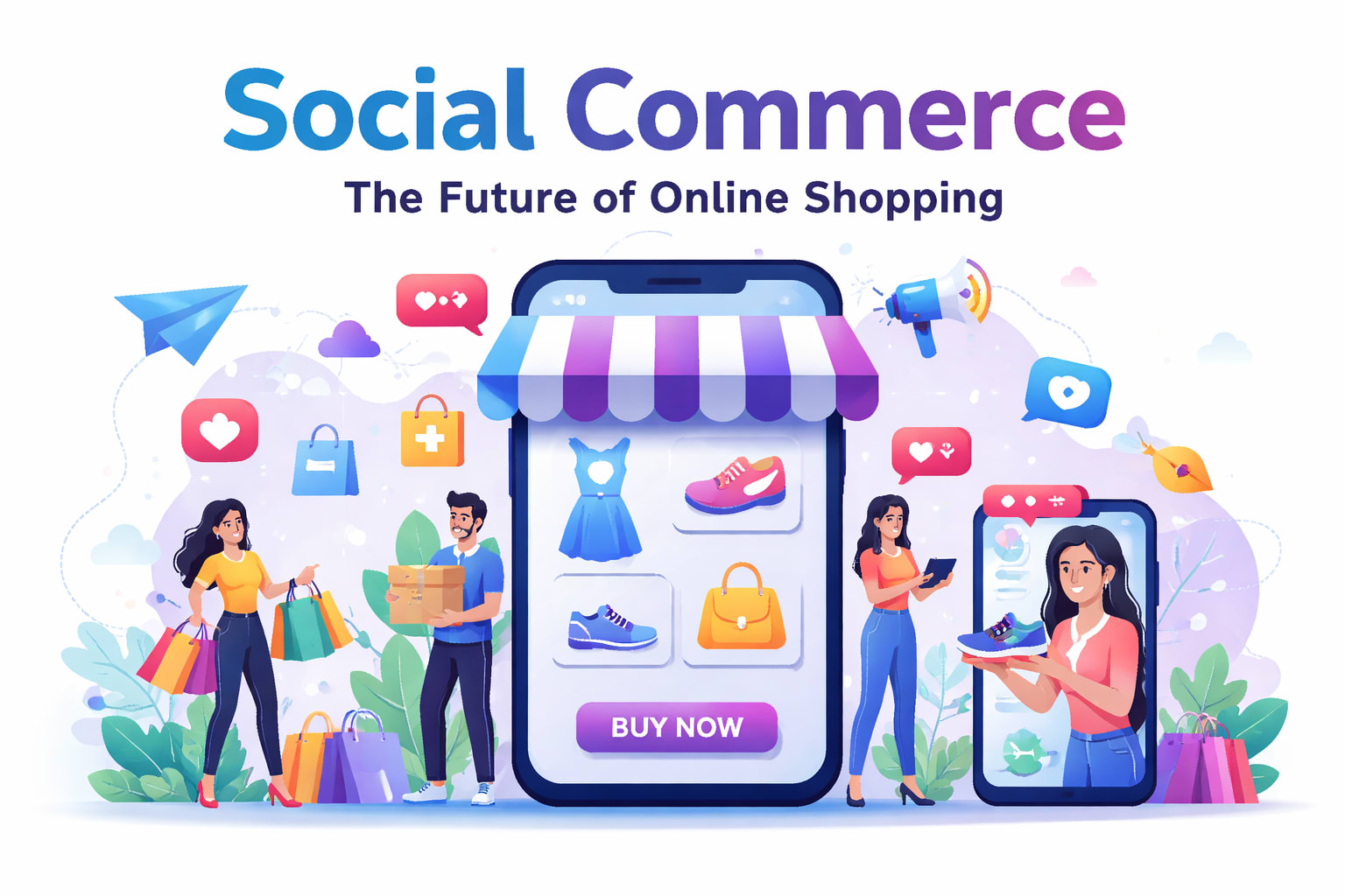 Social commerce illustration showing online shopping through social media platforms like Instagram, Facebook, and TikTok with mobile users buying products directly