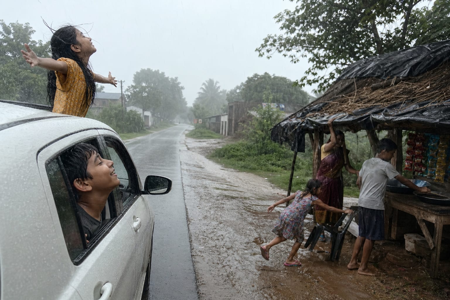 A rainy road scene in India showing children enjoying rain from a car while a roadside village family struggles to protect their small shop during heavy rainfall