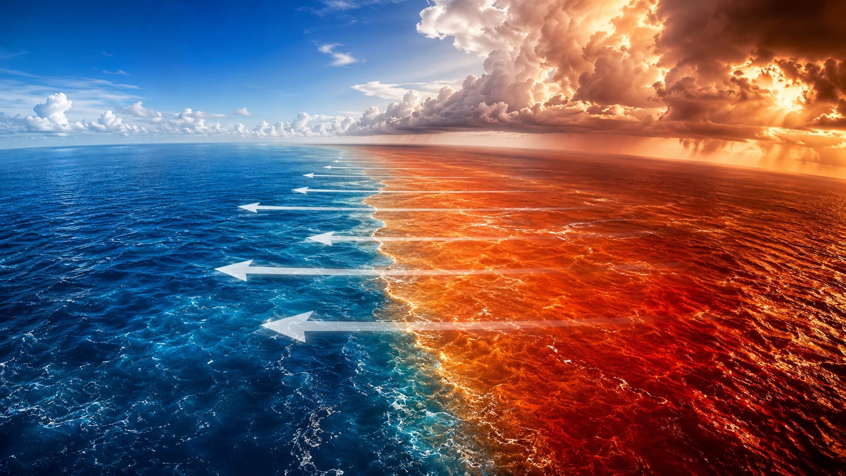 El Niño and La Niña — warm and cold Pacific Ocean zones showing trade winds, sea surface temperature difference, and global climate effects