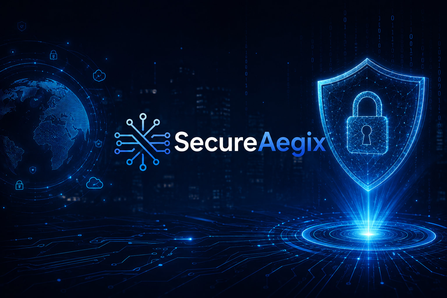 SecureAegix cybersecurity training platform with futuristic digital security shield, cyber protection network, ethical hacking and cybersecurity education concept