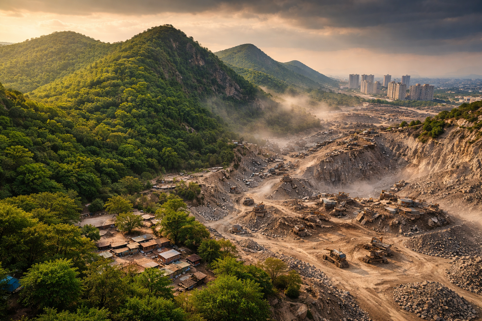 Environmental damage in the Aravali Hills showing illegal mining, deforestation, and land degradation near Delhi NCR