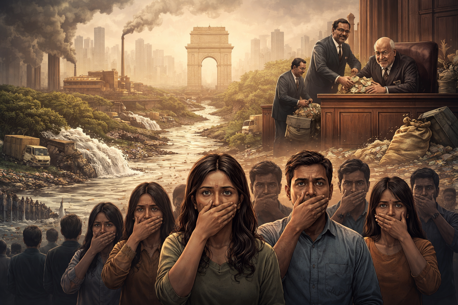 People covering their mouths symbolizing silence while Delhi and Noida suffer from severe air pollution, the polluted Yamuna river flows behind, and corruption inside courts and power systems continues unchecked