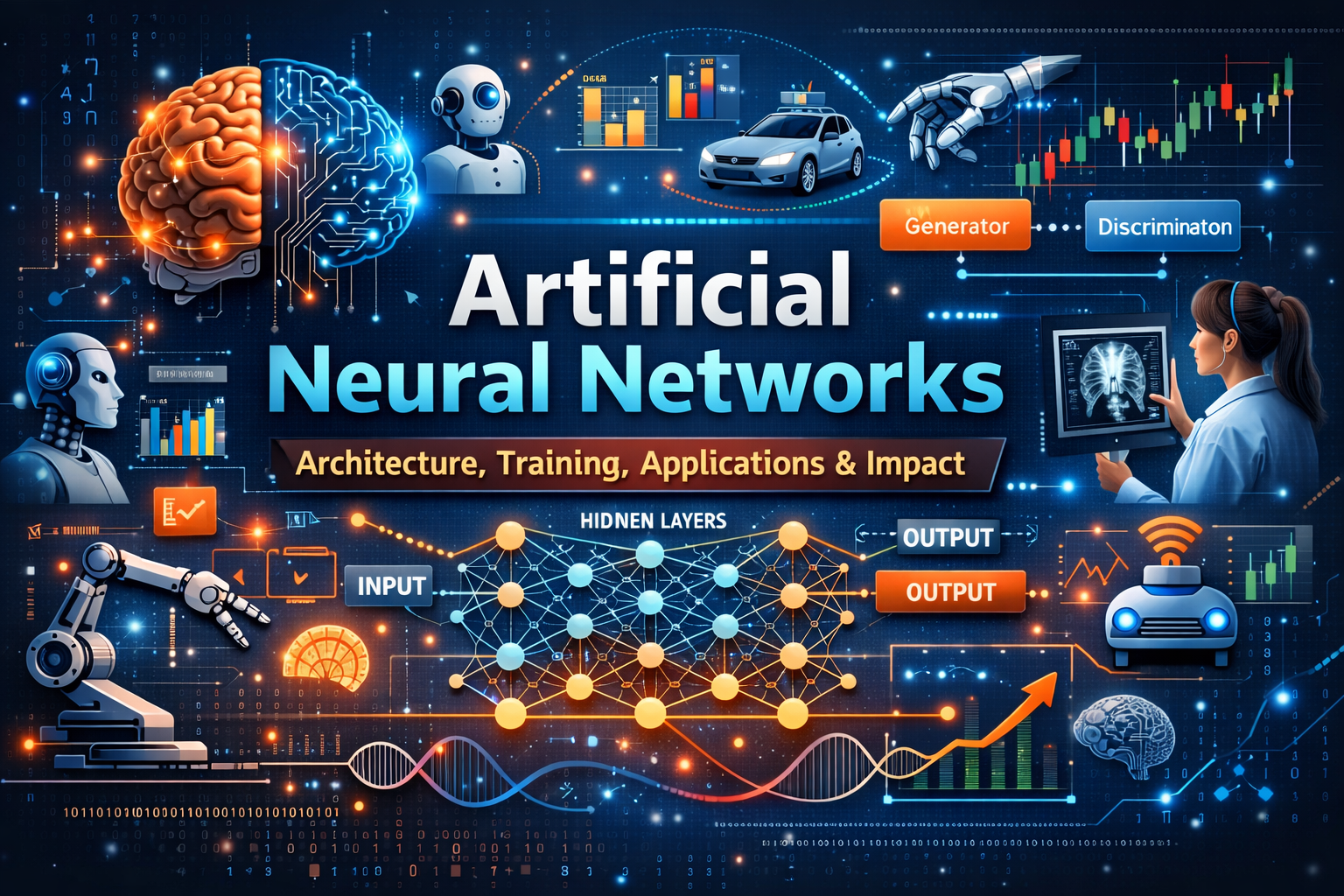 Illustration of artificial neural networks showing a digital brain, neurons, robots, self-driving car, medical imaging, charts, and neural network layers representing AI architecture and applications.