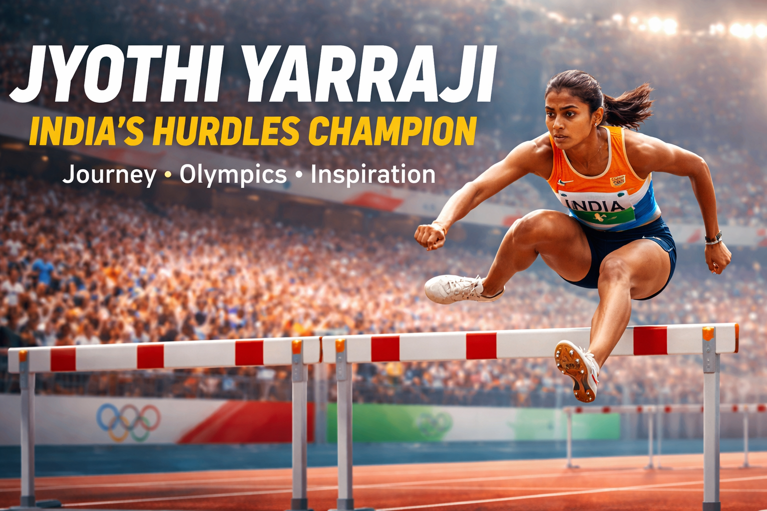 Jyothi Yarraji Indian hurdler jumping over hurdles in a stadium representing her inspiring journey and dedication in athletics