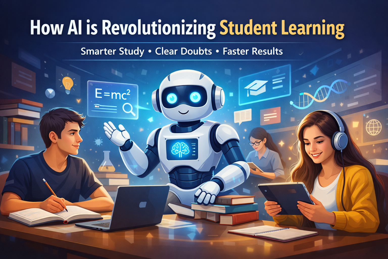 Students studying with AI assistant, digital learning, concept clarity, doubt solving, personalized learning, and exam preparation
