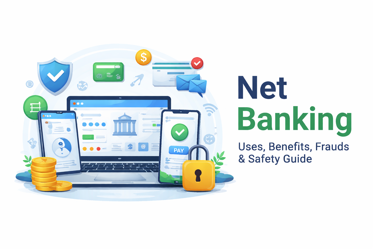 Illustration showing net banking system with laptop and mobile phone, explaining online banking uses, benefits, security features, fraud risks, and safe digital banking practices
