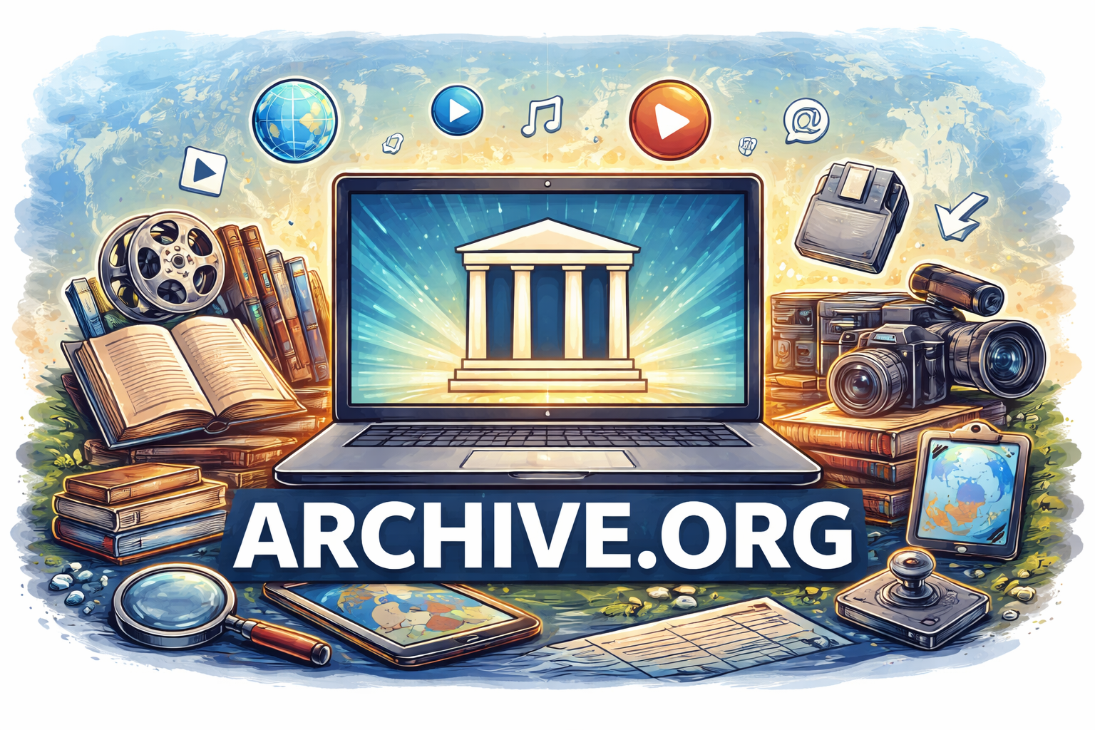 Illustration showing Archive.org Internet Archive platform with Wayback Machine, free books, movies, software, and digital knowledge preservation