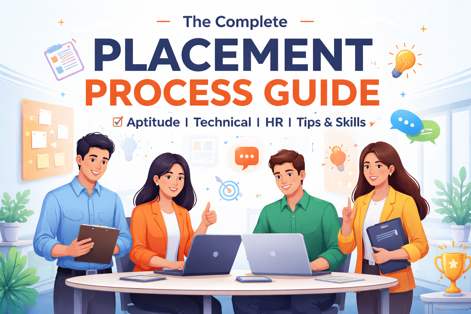 students preparing for placement process including aptitude, technical and HR interview rounds with professional teamwork environment