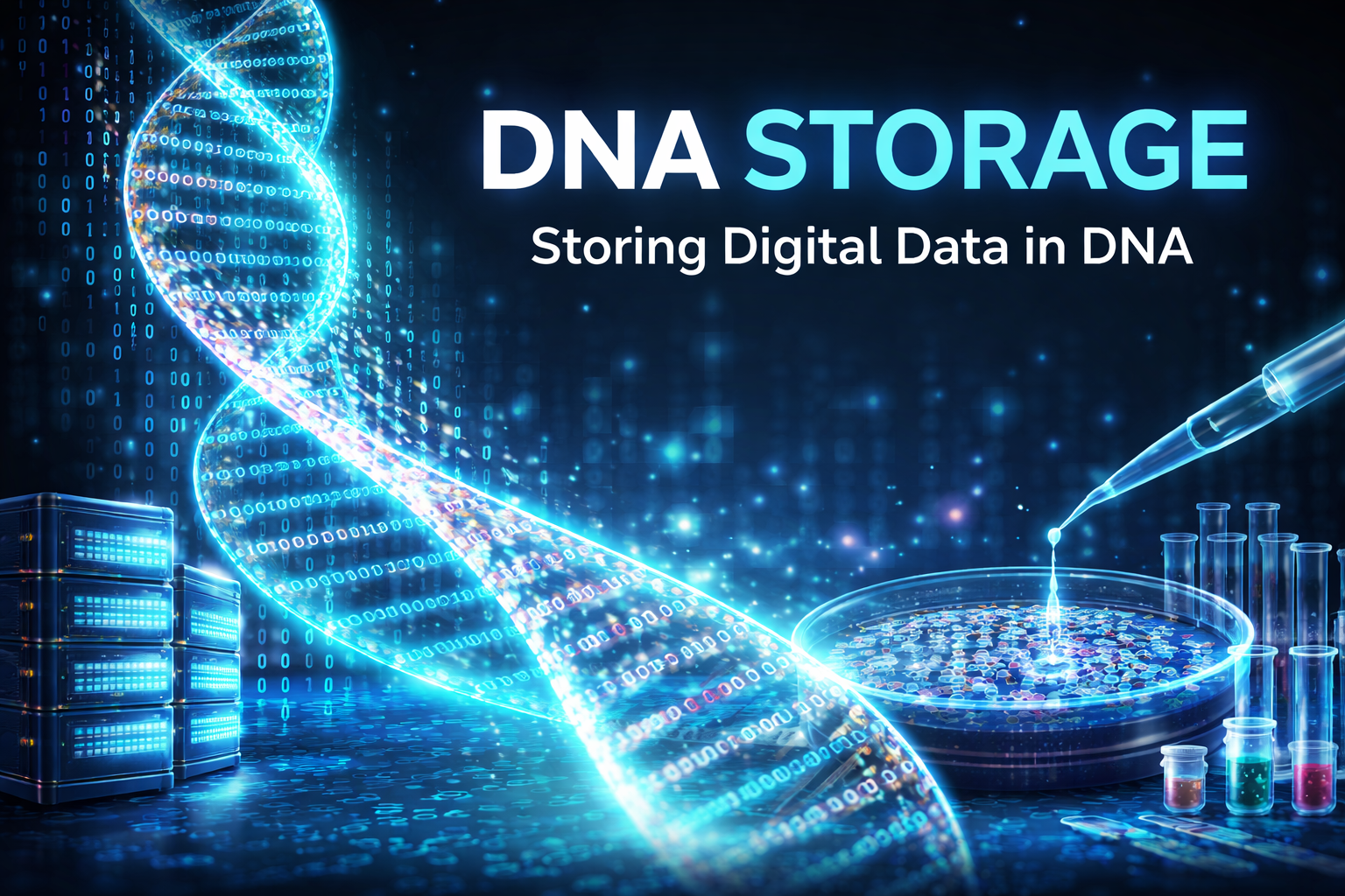 DNA storage technology where digital data is stored in DNA molecules using futuristic data and biotechnology concepts