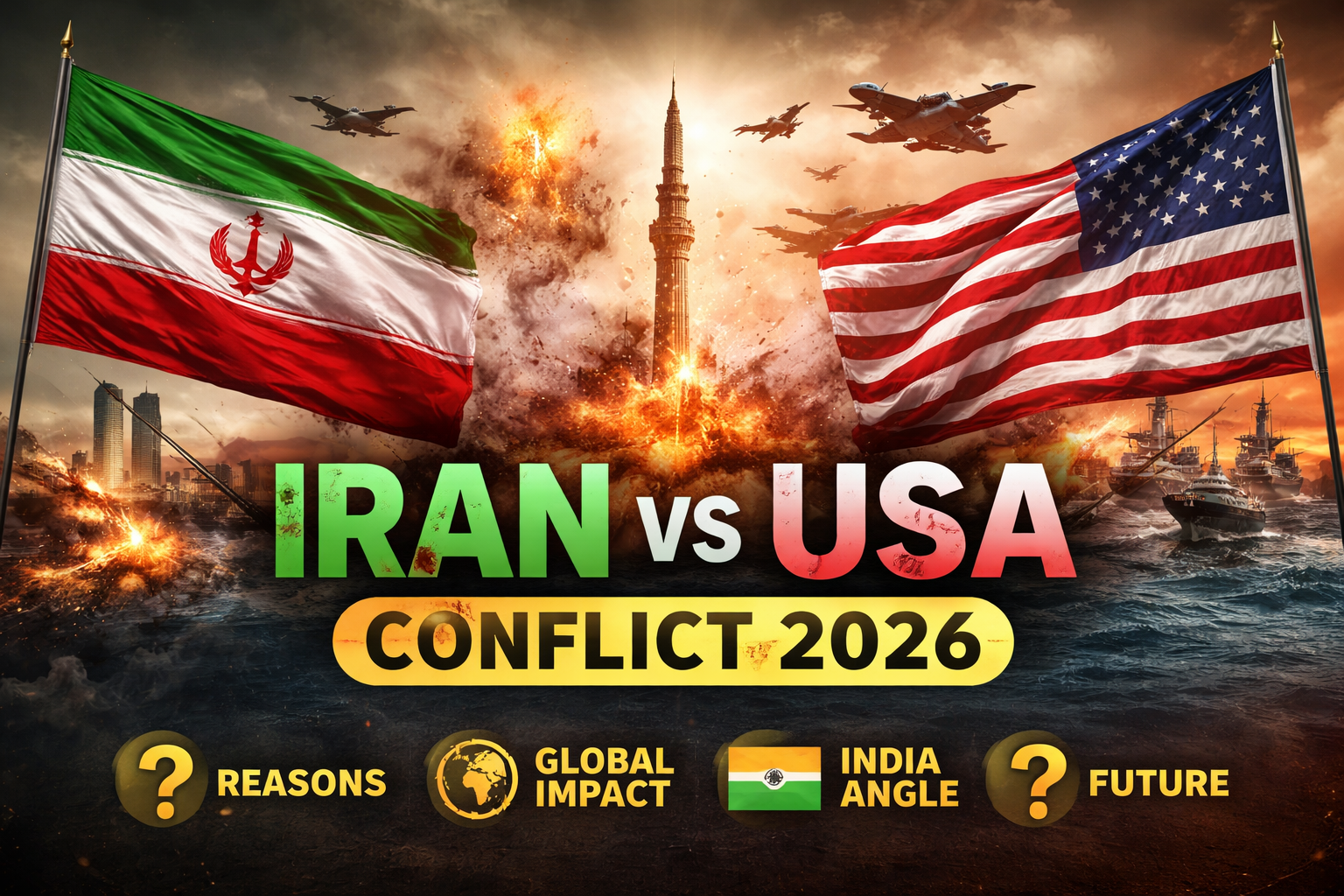 Iran vs USA conflict 2026 showing military tension, flags of Iran and America, global impact, war scenario and India perspective