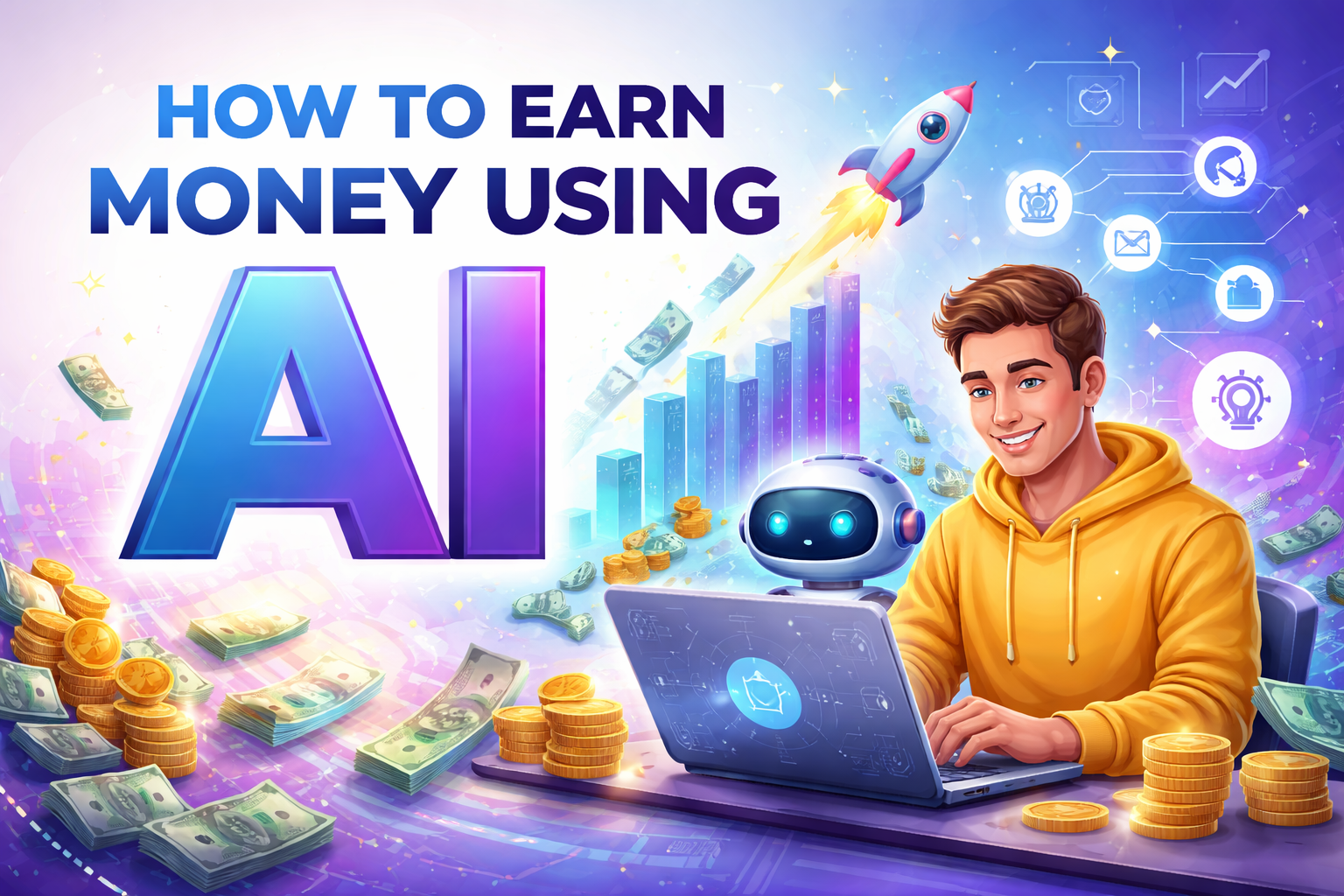 Earn money using AI tools concept with laptop, robot assistant, and online income growth illustration