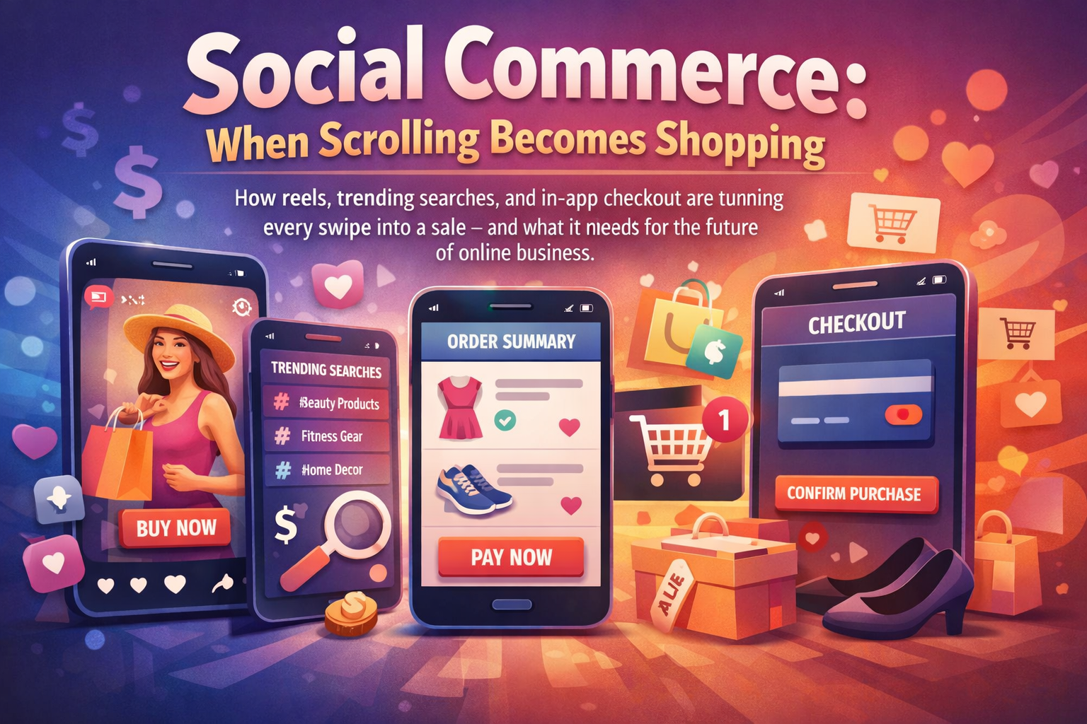 Social commerce concept showing mobile reels, trending searches, and in-app checkout turning scrolling into online shopping sales
