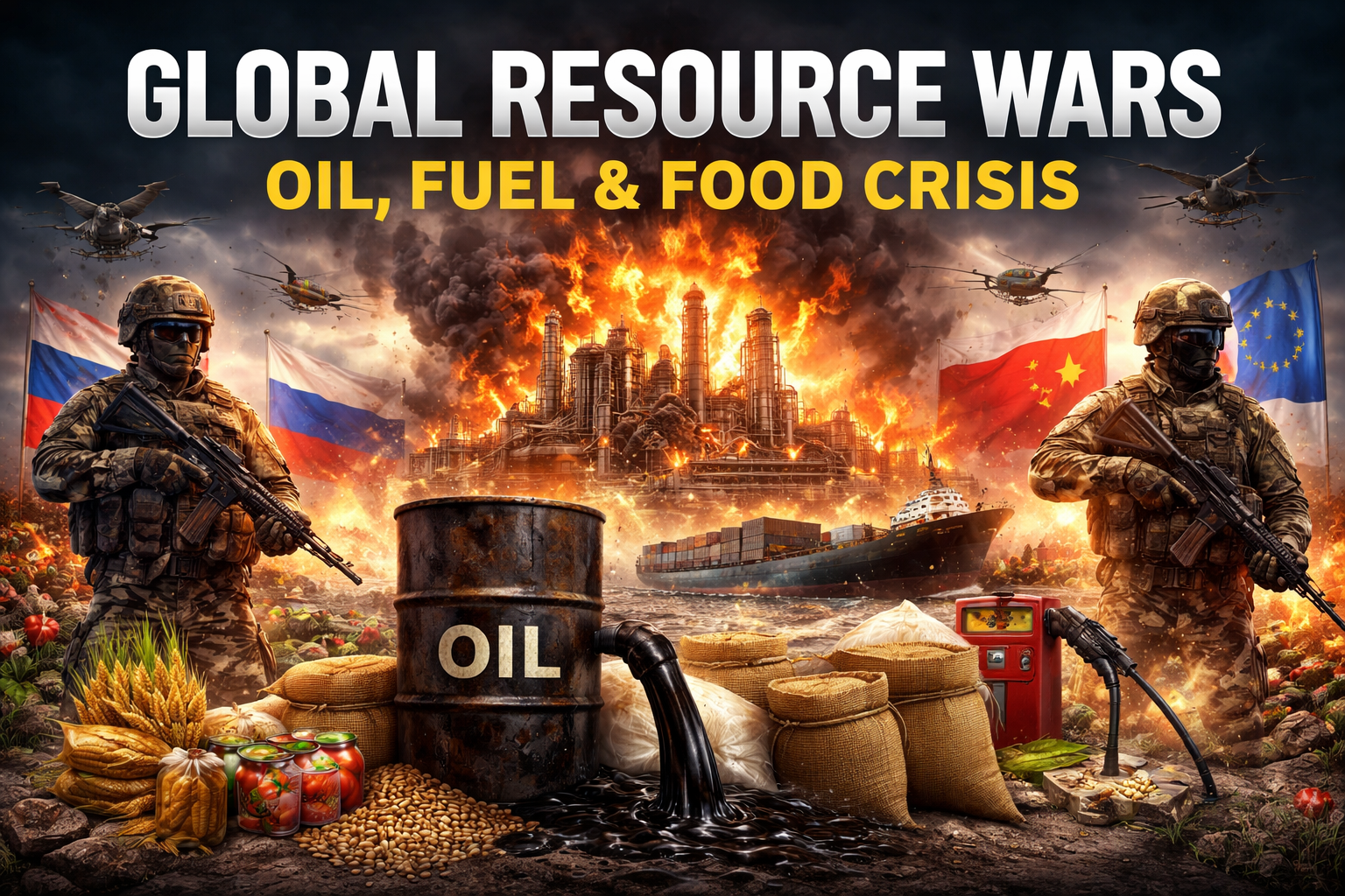 Global resource wars 2026 showing oil refinery explosion, fuel crisis, food shortage, and countries involved in war over petrol oil and food supplies