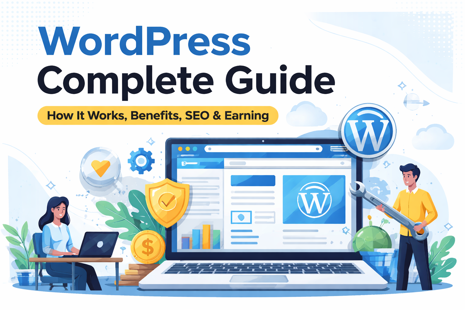 WordPress complete guide showing how it works, features, benefits, SEO optimization and earning methods for beginners and professionals