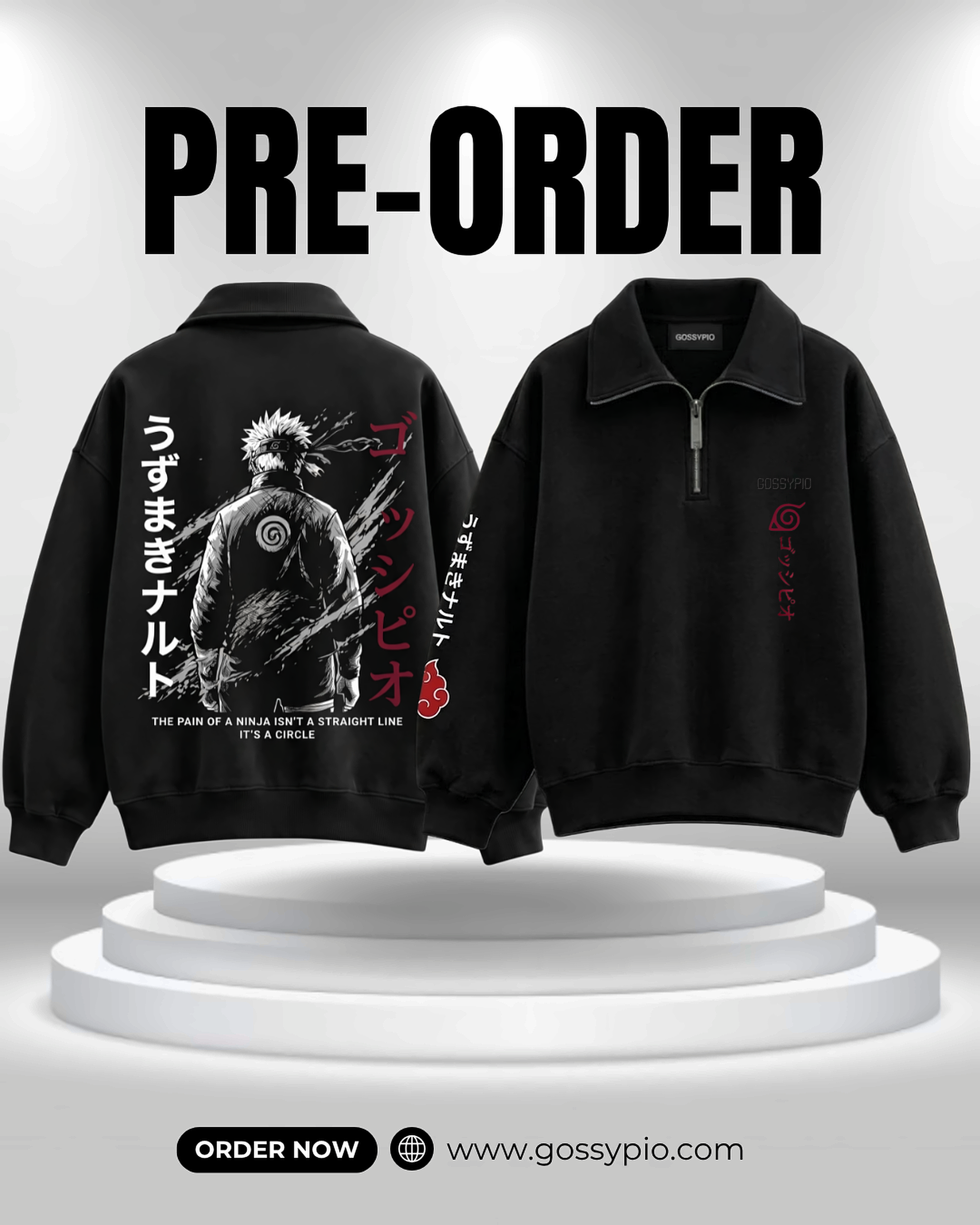 Naruto-Inspired Black Quarter-Zip Polo Sweatshirt