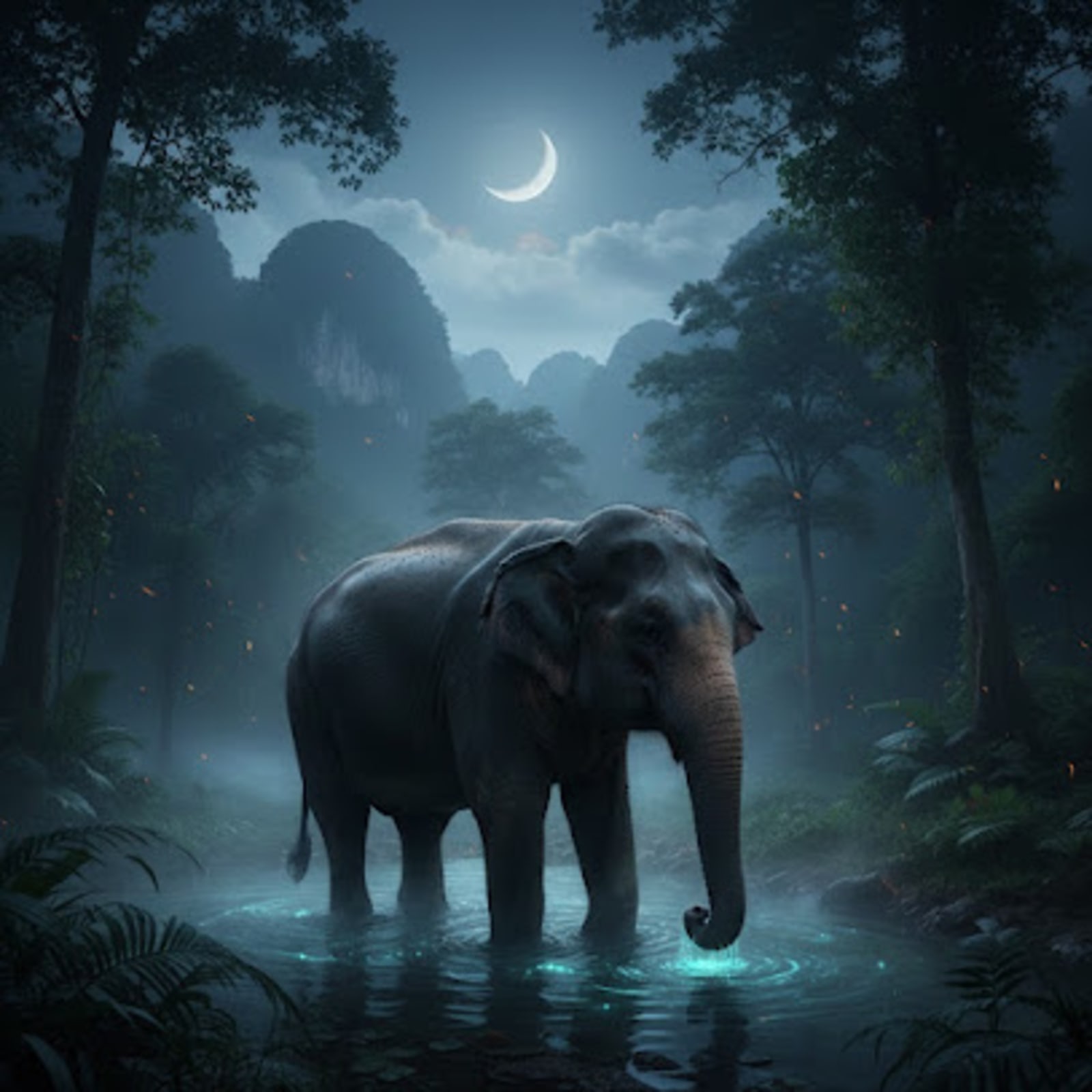 Wild elephant drinking water in the lush rainforest of Khao Sok National Park, Thailand