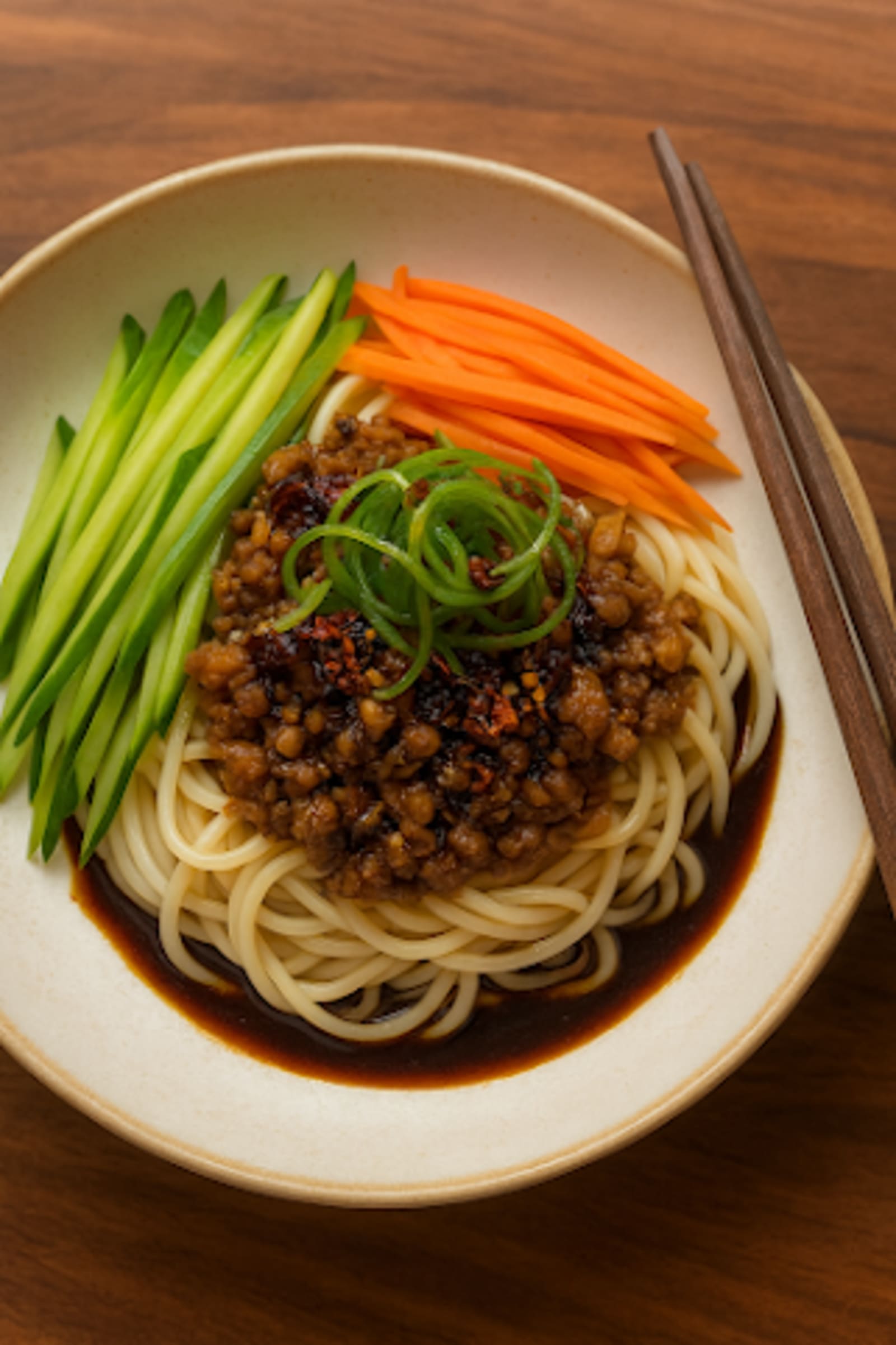 noodles topped with a rich soybean paste sauce with minced pork