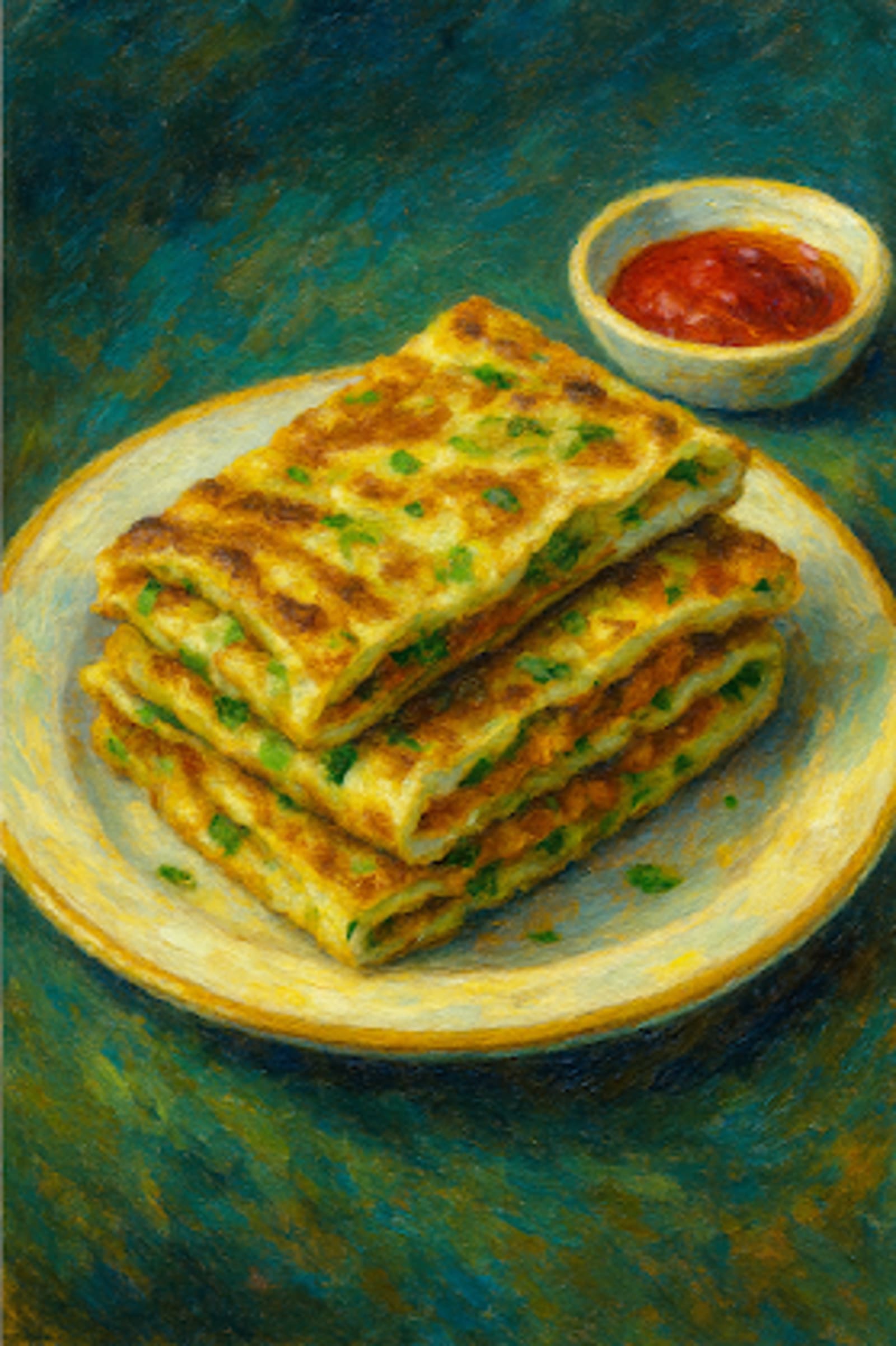 Chinese breakfast made by eggs, herbs and crackers