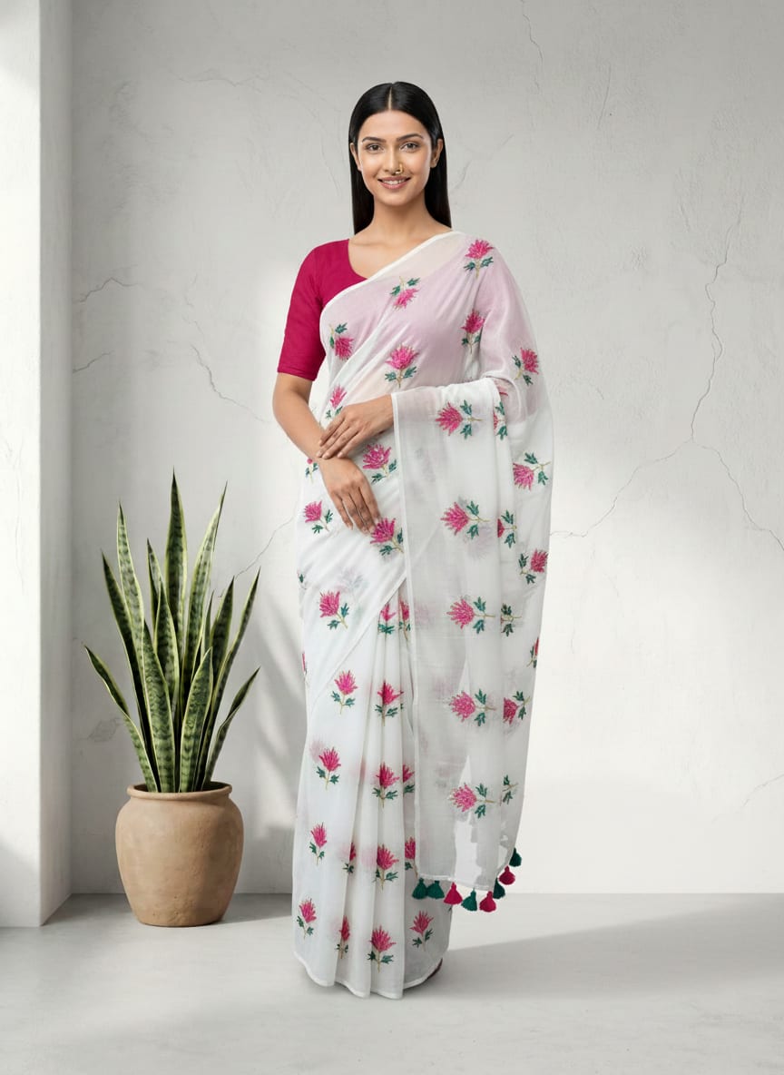 Most Demanding Lotus Embroidered Mul Cotton Saree