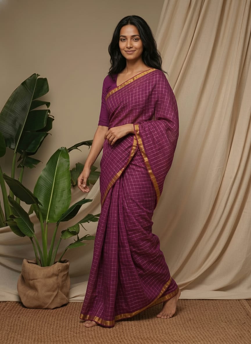Dark Magenta Weaving Zari Check Mul Cotton Saree