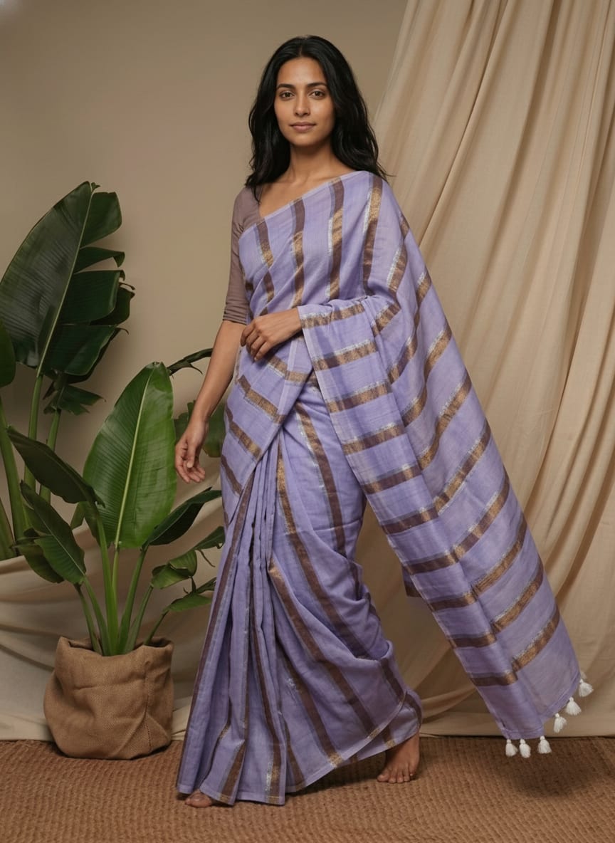 Lavender Double Stripe Mul Cotton Saree