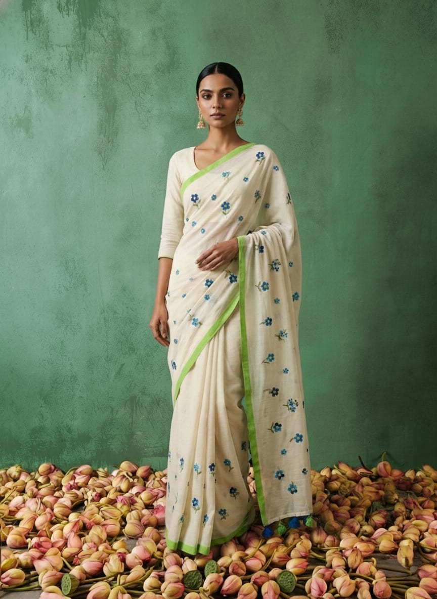 Beautiful Flower Motif Embroidered Mul Cotton Saree