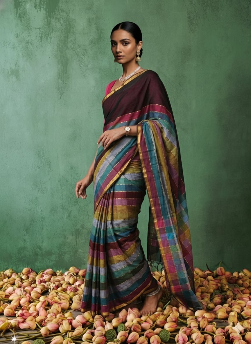 Colorful Stripes with Golden Zari Mul Cotton Saree
