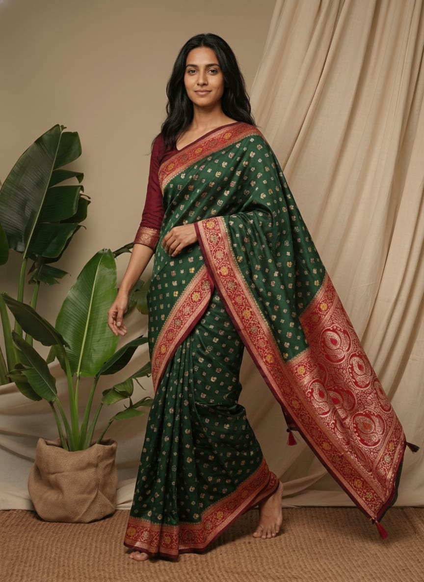 Forest Green Premium Silk Saree with Red and Gold Border