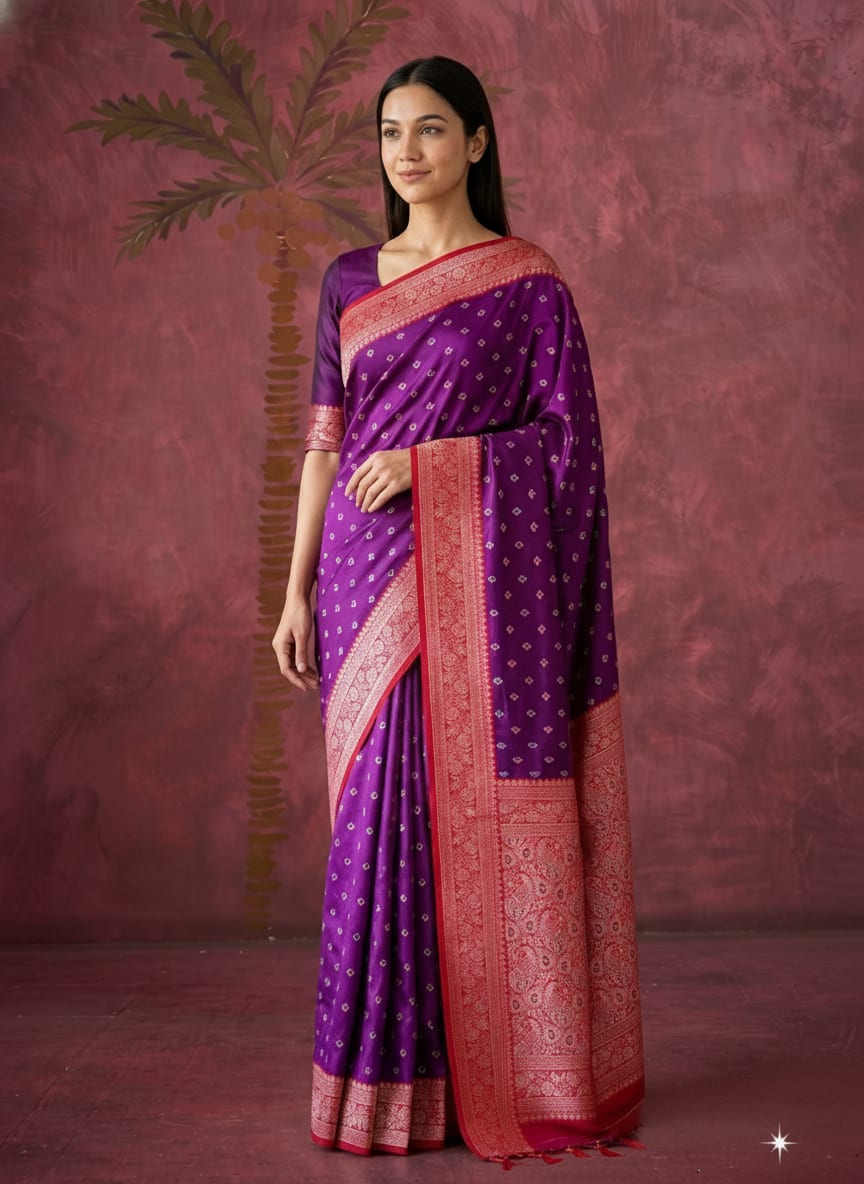 Purple Silk Saree with Red Paisley Border and Zari Butta motifs