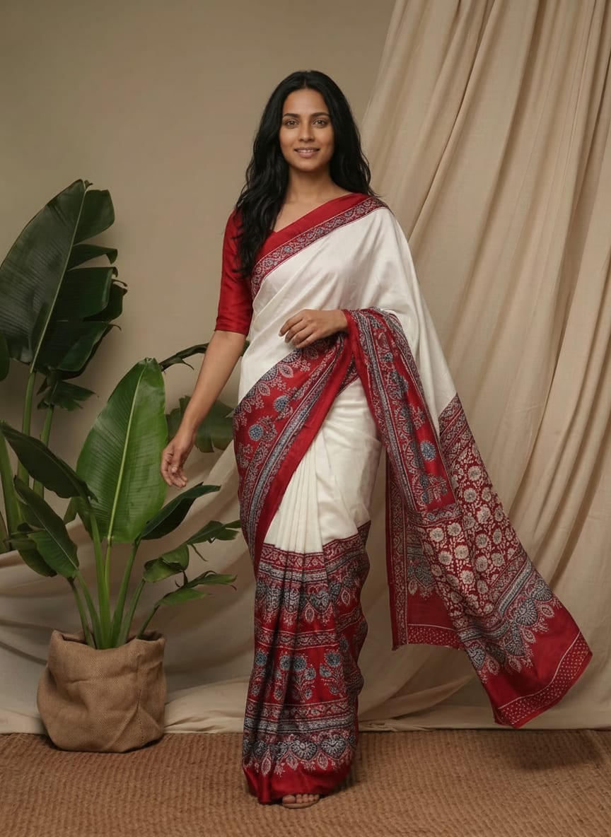 White and Red Modal Silk Ajrakh Saree
