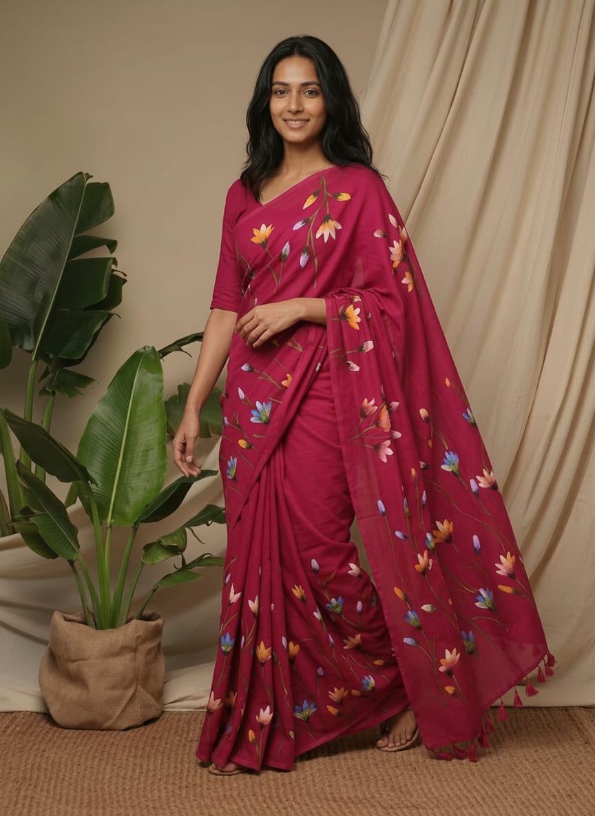 Deep Pink Floral Handprinted Mul Cotton Saree