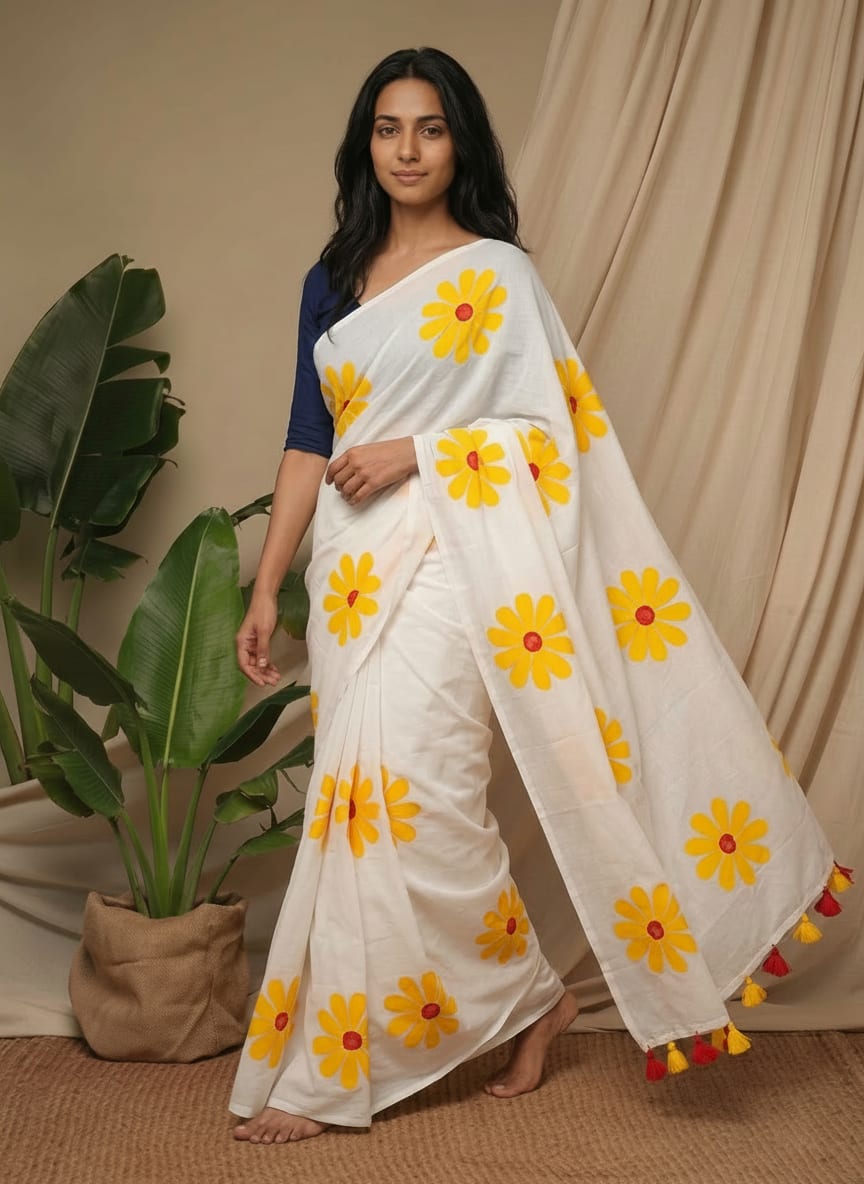 Sunflower Handprinted Mul Cotton Saree